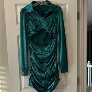 Teal Satin Ruched Dress